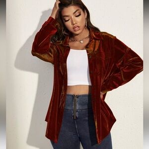 SHEIN Red Velvet Button Down Shirt